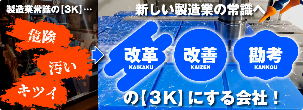 製造業常識の【3K】…危険、汚い、キツイ→新しい製造業の常識へ改革、改善、勘考の【3K】にする会社